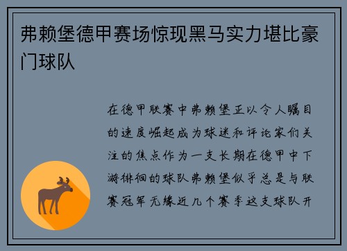 弗赖堡德甲赛场惊现黑马实力堪比豪门球队