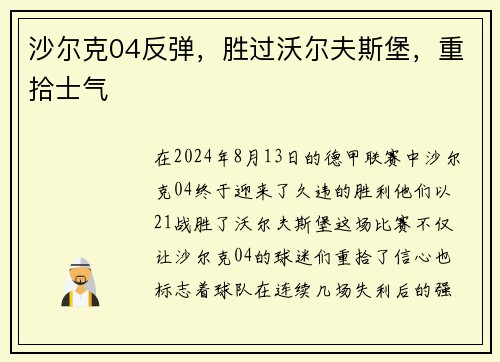 沙尔克04反弹，胜过沃尔夫斯堡，重拾士气