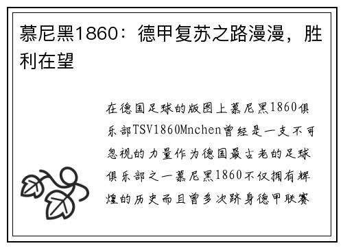 慕尼黑1860：德甲复苏之路漫漫，胜利在望